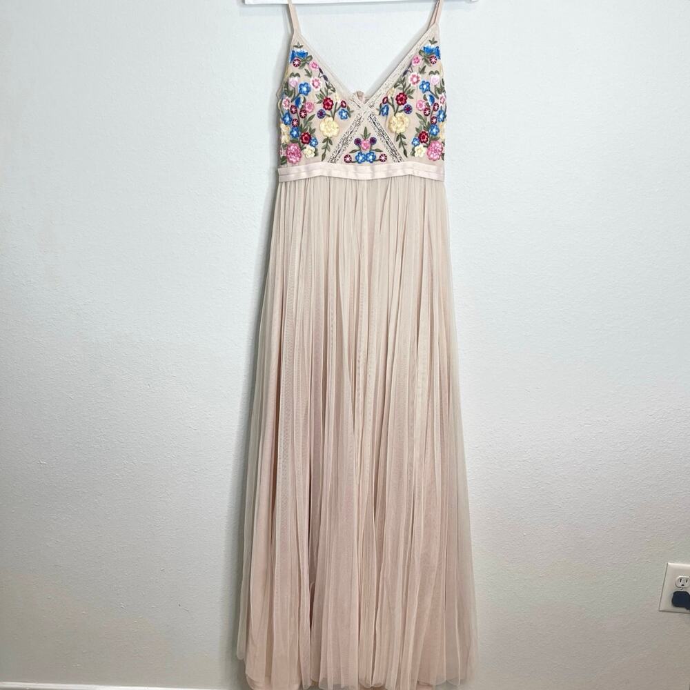 Needle & Thread Embroidered Maxi Dress Womens Nude Floral Tulle Formal Gown US 4